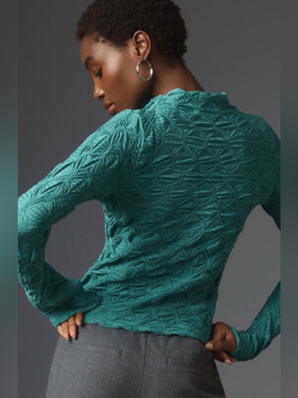 Maeve By Anthropologie Long-Sleeve Mock-Neck Textured Green Top - Picture 4 of 9
